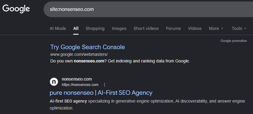 Google search result showing nonsenseo.com indexed with AI Mode